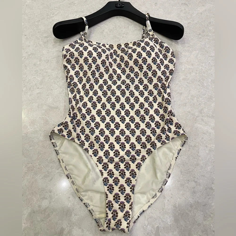Tory Burch Floral Print One-Piece Swimsuit in Purple Bloom Size M - Picture 2 of 13